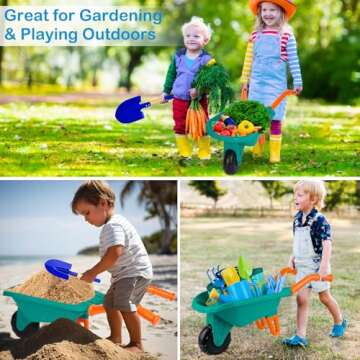 Kids Gardening Tools Outdoor Toys Set with Wheelbarrow, Shovels, Rakes, Watering Can, Gloves, Tote B...