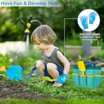 Kids Gardening Tools Outdoor Toys Set with Wheelbarrow, Shovels, Rakes, Watering Can, Gloves, Tote Bag，DIY Sticker, Educational Pretend Toys Beach Sand Toys Garden Tools for Toddlers Kids Boys Girls