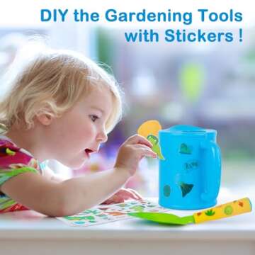 Kids Gardening Tools Outdoor Toys Set with Wheelbarrow, Shovels, Rakes, Watering Can, Gloves, Tote Bag，DIY Sticker, Educational Pretend Toys Beach Sand Toys Garden Tools for Toddlers Kids Boys Girls