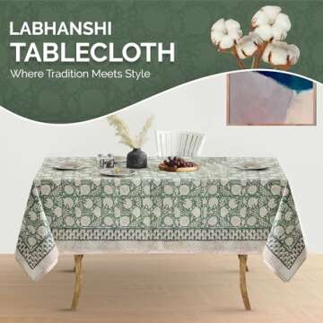 Labhanshi Indian Handblock Print Floral Cotton Rectangle 72x135 Inch 10-Seater Dining Tablecloth|Was...