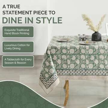 Labhanshi Indian Handblock Print Floral Cotton Rectangle 72x135 Inch 10-Seater Dining Tablecloth|Washable Spring St. Patrick Picnic Outdoor Camping Festive Easter Table Cover|Moss Green