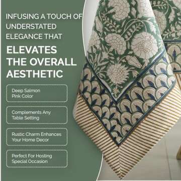 Labhanshi Indian Handblock Print Floral Cotton Rectangle 72x135 Inch 10-Seater Dining Tablecloth|Washable Spring St. Patrick Picnic Outdoor Camping Festive Easter Table Cover|Moss Green