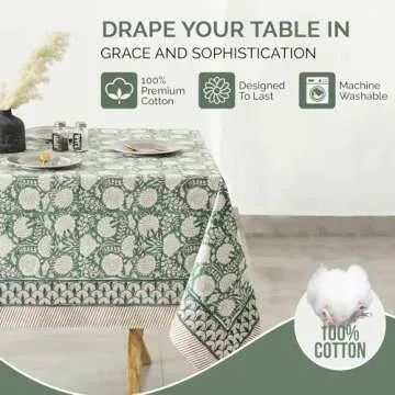 Labhanshi Indian Handblock Print Floral Cotton Rectangle 72x135 Inch 10-Seater Dining Tablecloth|Washable Spring St. Patrick Picnic Outdoor Camping Festive Easter Table Cover|Moss Green