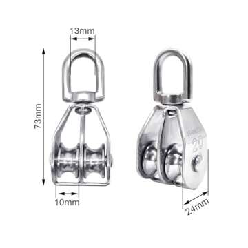 BlingKingdom 2pcs M20 Double Pulley Block 360° Spin Freely 304 Stainless Steel Double Pulley Wheel Roller Strong for Block and Tackle Pulley System Used to Lift Kayaks Max Load: 75kg