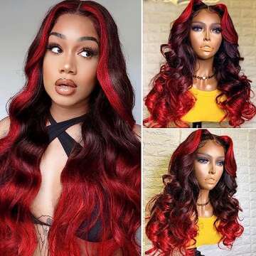 YMS Ombre Red Human Hair Wigs for Women Body Wave 13X4 HD Lace Front Wigs Human Hair 180% Density Hot Red Highlight Glueless Wigs Human Hair Pre Plucked 16 Inch Red and Black Wig with Stripe