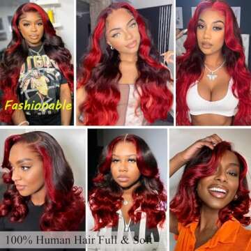 YMS Ombre Red Human Hair Wigs for Women Body Wave 13X4 HD Lace Front Wigs Human Hair 180% Density Hot Red Highlight Glueless Wigs Human Hair Pre Plucked 16 Inch Red and Black Wig with Stripe