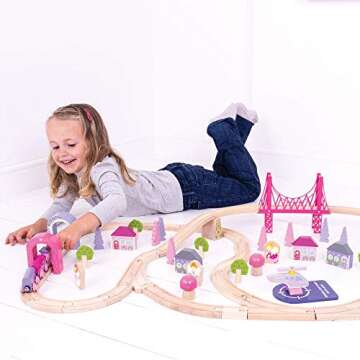 Bigjigs Rail, Fairy Town Train Set, Wooden Toys, Wooden Train Set, Gifts for 4 Year Old Girl, Pink T...