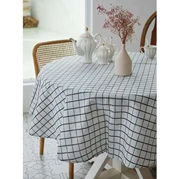 YiHomer Pastoral Round Tablecloth - 60 Inch Dia. - Linen Fabric Table Cloth - Washable Table Cover with Dust-Proof Wrinkle Resistant for Restaurant, Picnic, Indoor and Outdoor Dining, Checkered