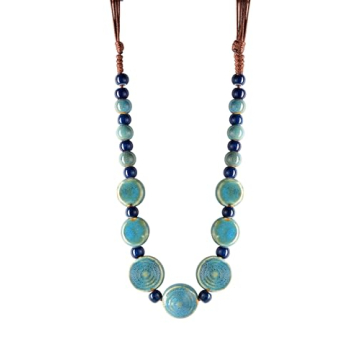 MINACHI Boho Hippie Blue Turquoise Color Ceramic Beads Strand Necklace, Vintage Bohemian Summer Beac...