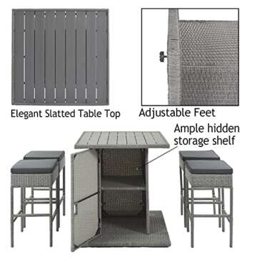 Daxue Bar Stools Set of 5 Pieces Outdoor Patio Furniture Set Outdoor Dining Table and Chairs Set with Slatted Square Tabletop, Gray Rattan Chair Set PE Wicker Sectional Sofa Set for Backyard, Gray