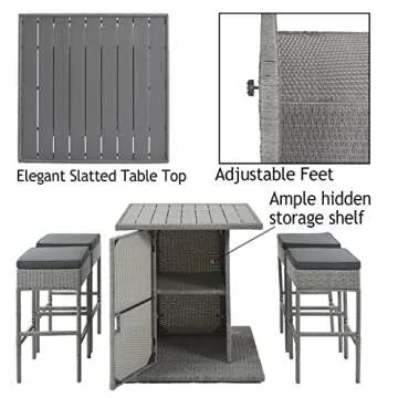 Daxue Bar Stools Set of 5 Pieces Outdoor Patio Furniture Set Outdoor Dining Table and Chairs Set with Slatted Square Tabletop, Gray Rattan Chair Set PE Wicker Sectional Sofa Set for Backyard, Gray