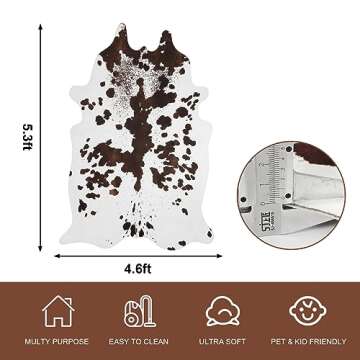 LIVEBOX Brown Faux Cowhide Rug, 4.7x5.3 Feet Washable Durable Cow Print Rug for Western Decor for Home, Ultra-Thin Irregular Shaped Rug for Bedroom Cowgirl Decor, Dining Room, Nursery Room