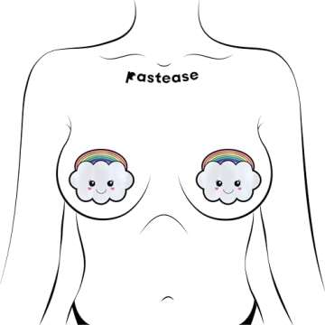 PASTEASE Festival Pasties - Nipple Covers for Festivals, Raves, & Lingerie | Halloween Costume Accessory | Waterproof (Rainbow Kawaii Cloud)