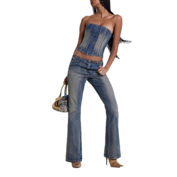 THLAI 2 Piece Outfits for Women Denim Set Crop Tube Top Zipper Long Flared Pants Sets