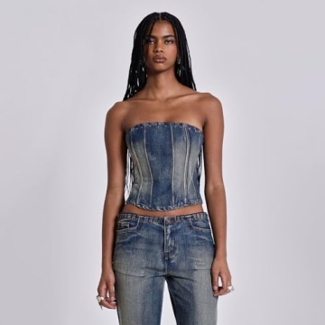 THLAI 2 Piece Denim Outfits for Women - Crop Top & Pants Set