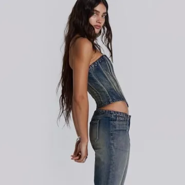 THLAI 2 Piece Denim Outfits for Women - Crop Top & Pants Set