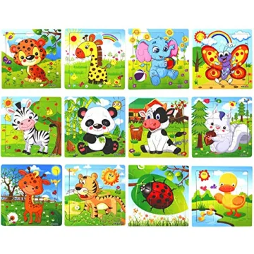 SANNIX 12 Pack Jigsaw Puzzles for Toddlers Wooden Animals Jigsaw Puzzles 9 pcs with 12 Organize Bags for Kids Ages 2 3 4 5 Preschool Educational Puzzles Learning Travel Toys for Boys and Girls