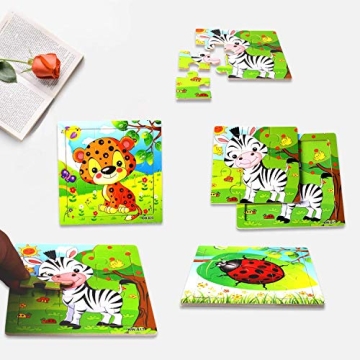 SANNIX 12 Pack Jigsaw Puzzles for Toddlers Wooden Animals Jigsaw Puzzles 9 pcs with 12 Organize Bags for Kids Ages 2 3 4 5 Preschool Educational Puzzles Learning Travel Toys for Boys and Girls