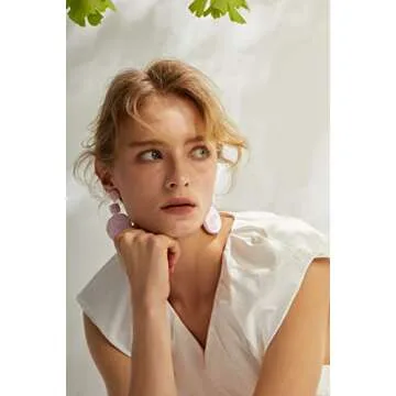 Boho Raffia Ball Earrings for Women, Statement Raffia Round Drop Earrings - Summer Beach Vacation Jewelry (D-PINK)