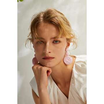 Boho Raffia Ball Earrings for Women, Statement Raffia Round Drop Earrings - Summer Beach Vacation Jewelry (D-PINK)