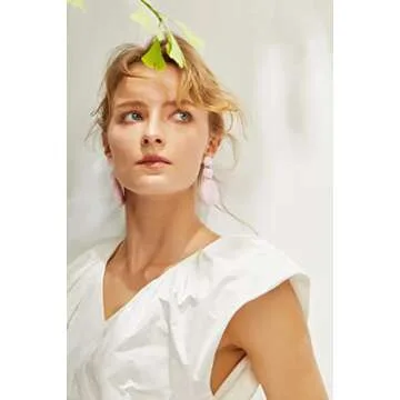 Boho Raffia Ball Earrings for Women, Statement Raffia Round Drop Earrings - Summer Beach Vacation Jewelry (D-PINK)