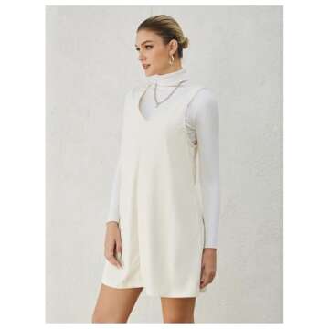 Milumia Women V Neck Corduroy Pinafore Overall Mini Dress Jumper Dress Beige Large