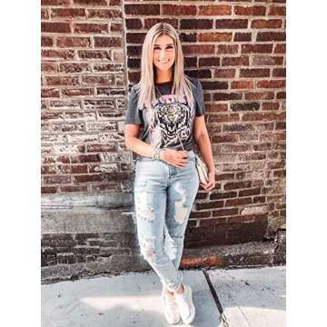 SOFIA'S CHOICE Women's Tiger Print T Shirt Short Sleeve Round Neck Casual Tops Grey Go Get Em Tiger Grey Go Tiger Large