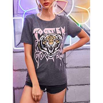 SOFIA'S CHOICE Women's Tiger Print T Shirt Short Sleeve Round Neck Casual Tops Grey Go Get Em Tiger Grey Go Tiger Large