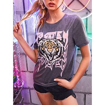 SOFIA'S CHOICE Women's Tiger Print T Shirt Short Sleeve Round Neck Casual Tops Grey Go Get Em Tiger Grey Go Tiger Large