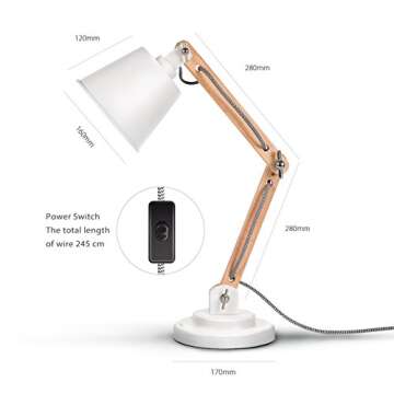 tomons DL1002US-W Tomons Natural Wood Desk Lamp, Vintage Table Lamp for Bedside, Workroom, Cabinet, Studio, Cafe, Living Room - White