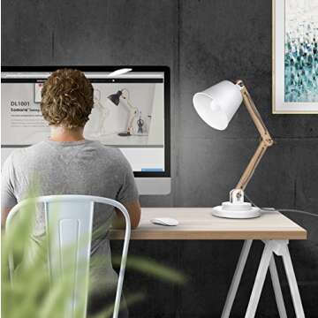 tomons DL1002US-W Tomons Natural Wood Desk Lamp, Vintage Table Lamp for Bedside, Workroom, Cabinet, Studio, Cafe, Living Room - White
