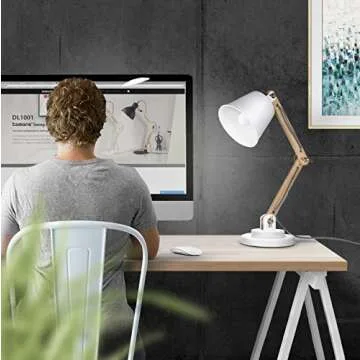 tomons DL1002US-W Tomons Natural Wood Desk Lamp, Vintage Table Lamp for Bedside, Workroom, Cabinet, Studio, Cafe, Living Room - White
