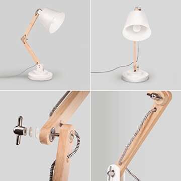 tomons DL1002US-W Tomons Natural Wood Desk Lamp, Vintage Table Lamp for Bedside, Workroom, Cabinet, Studio, Cafe, Living Room - White