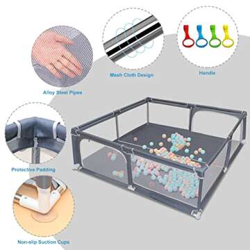 Baby Playpen, Play Yard for Baby, Extra Large Baby Gate Playpen, Baby Playpen Fence with Anti-Slip Suckers/Breathable Mesh Walls/Storage Bag (71”x 59”, Gray)