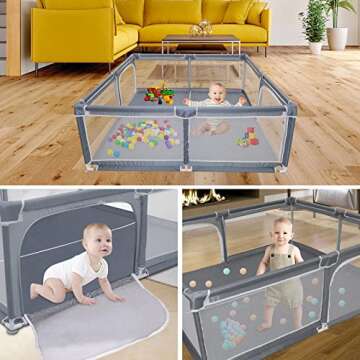 Baby Playpen, Play Yard for Baby, Extra Large Baby Gate Playpen, Baby Playpen Fence with Anti-Slip Suckers/Breathable Mesh Walls/Storage Bag (71”x 59”, Gray)