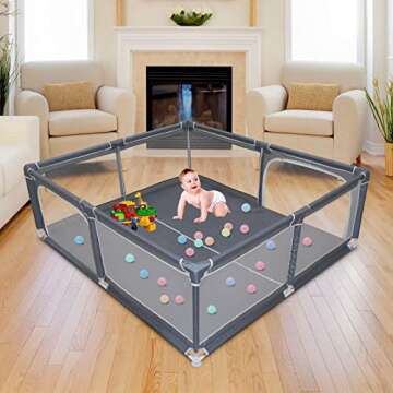 Baby Playpen, Play Yard for Baby, Extra Large Baby Gate Playpen, Baby Playpen Fence with Anti-Slip Suckers/Breathable Mesh Walls/Storage Bag (71”x 59”, Gray)