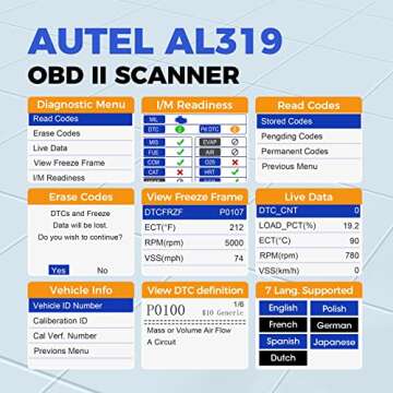 Autel Professional OBD2 Scanner AL319 Code Reader, Enhanced Check and Reset Engine Fault Code, Live ...