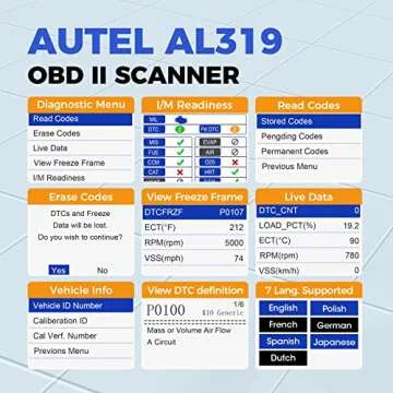 Autel Professional OBD2 Scanner AL319 Code Reader, Enhanced Check and Reset Engine Fault Code, Live ...