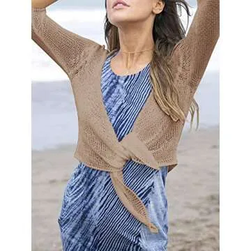 YeMgSiP Women's Tie Front Shrug 3/4 Sleeve Bolero Sheer Knotted Lightweight Cardigan Sweaters Short Shawl Tops Khaki