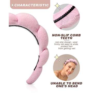 AWAYTR Sponge Spa Headband for Women Washing Face Makeup Bubble Headband Puffy Skincare Headband for Girls Versed Headband Bonus Hair Scrunchie and 2 Wrist Wash Bands (Pink)