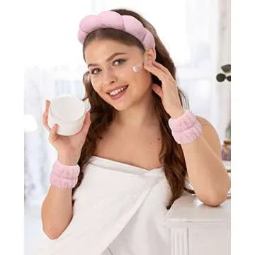 AWAYTR Sponge Spa Headband for Women Washing Face Makeup Bubble Headband Puffy Skincare Headband for Girls Versed Headband Bonus Hair Scrunchie and 2 Wrist Wash Bands (Pink)
