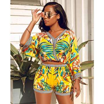 Womens Sexy Two Piece Outfits - African Printed Crop Top and Shorts Set Club S Bright Yellow