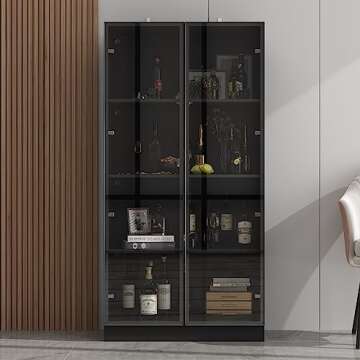 Homsee Bookcase Bookshelf with 4-Tier Shelves, 2 Glass Doors and LED Lights, Wooden Display Storage Cabinet for Home Office, Living Room, Black (31.5”W x 15.7”D x 63”H)