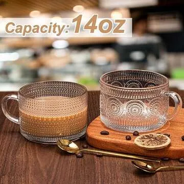 Vintage Coffee Mugs 4pcs Set, Clear Embossed Tea Cups with Bamboo Lids and Spoons, 14 Oz Glass Coffee Cups, Cute Coffee Bar Accessories, Iced Coffee Glasses, Ideal for Cappuccino, Latte (Transparent)