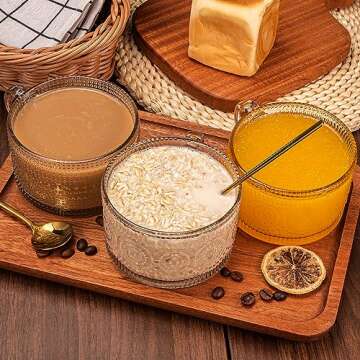 Vintage Coffee Mugs 4pcs Set, Clear Embossed Tea Cups with Bamboo Lids and Spoons, 14 Oz Glass Coffee Cups, Cute Coffee Bar Accessories, Iced Coffee Glasses, Ideal for Cappuccino, Latte (Transparent)