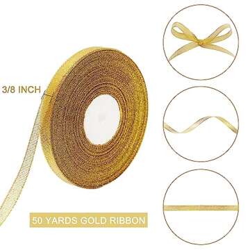 50 Yards Gold Glitter Ribbon 3/8 Inch, Sparkly Thin Solid Fabric Ribbon for Gift Wrapping, Crafts, H...