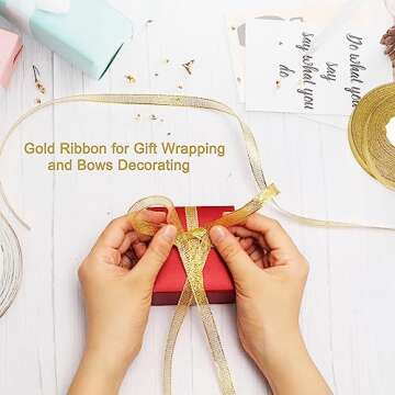 50 Yards Gold Glitter Ribbon 3/8 Inch, Sparkly Thin Solid Fabric Ribbon for Gift Wrapping, Crafts, Holiday Wedding Birthday Party Decoration Floral Bouquet, Metallic Gold Ribbon Roll