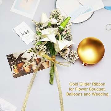 50 Yards Gold Glitter Ribbon 3/8 Inch, Sparkly Thin Solid Fabric Ribbon for Gift Wrapping, Crafts, Holiday Wedding Birthday Party Decoration Floral Bouquet, Metallic Gold Ribbon Roll