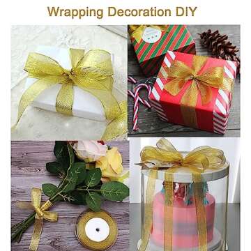 50 Yards Gold Glitter Ribbon 3/8 Inch, Sparkly Thin Solid Fabric Ribbon for Gift Wrapping, Crafts, Holiday Wedding Birthday Party Decoration Floral Bouquet, Metallic Gold Ribbon Roll