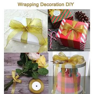 50 Yards Gold Glitter Ribbon 3/8 Inch, Sparkly Thin Solid Fabric Ribbon for Gift Wrapping, Crafts, Holiday Wedding Birthday Party Decoration Floral Bouquet, Metallic Gold Ribbon Roll